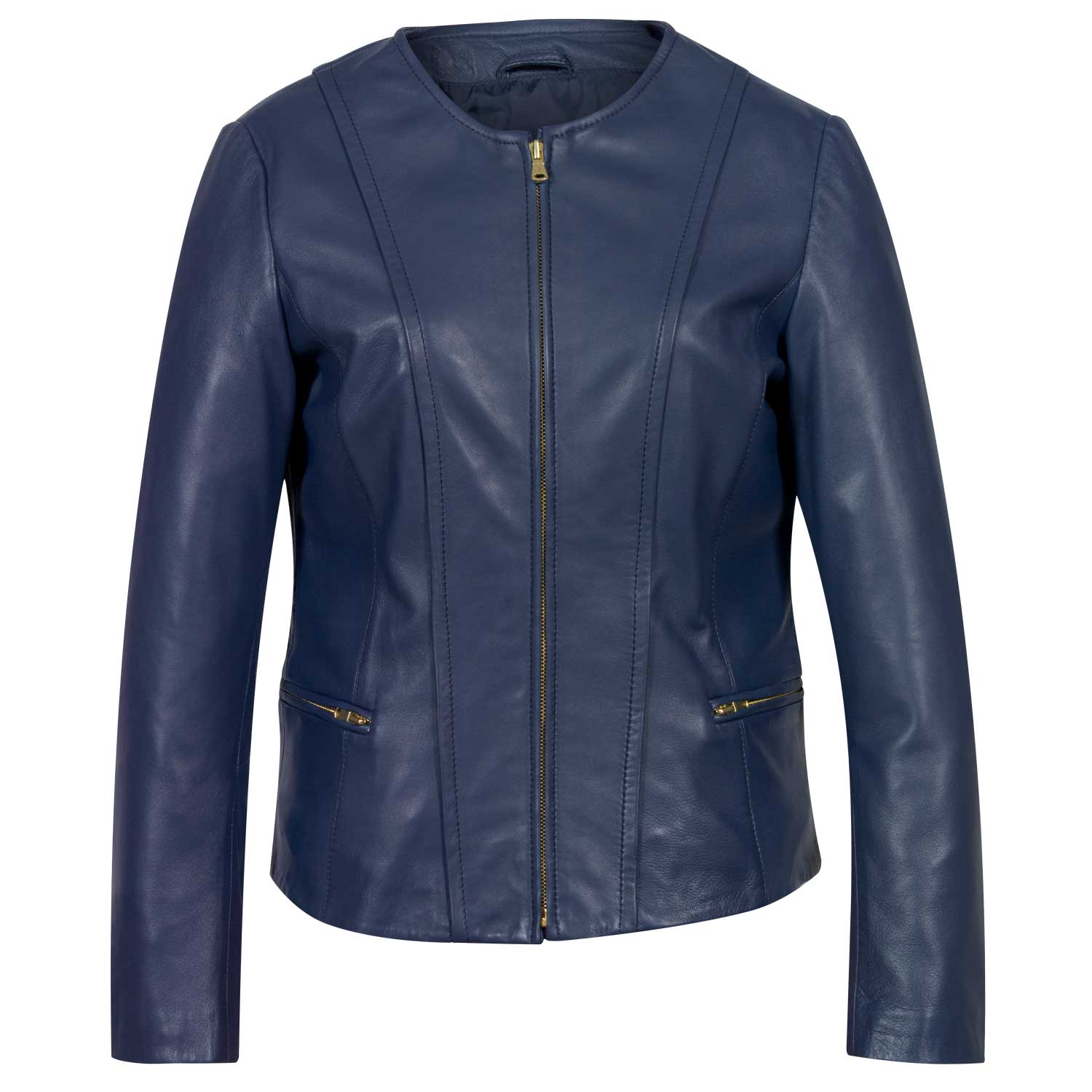 Sophie: Women's Blue Collarless Leather Jacket