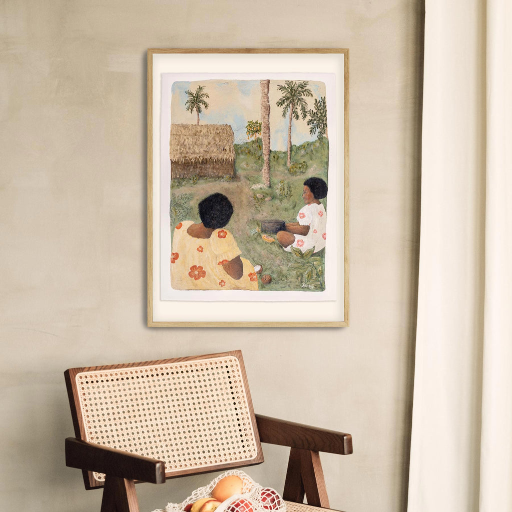 Jade Barclay original painting. Vanuatu island ladies series. Ladies preparing food outside their grass hut home in rainforest. Textured painting.