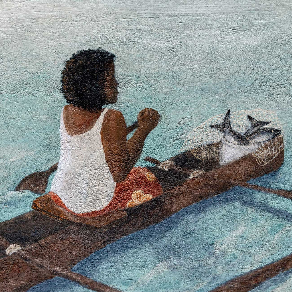 Jade Barclay original painting. Vanuatu island ladies series. Close up of lady in canoe fishing showing the texture and brush strokes.