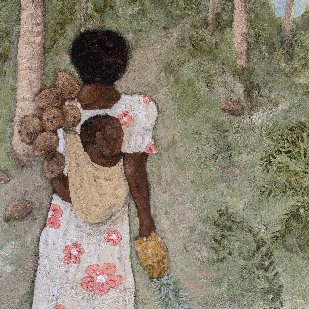 Jade Barclay original painting. Vanuatu island ladies series. Close up of textured painting of vanuatu island lady with baby on her back, carrying fruit. 