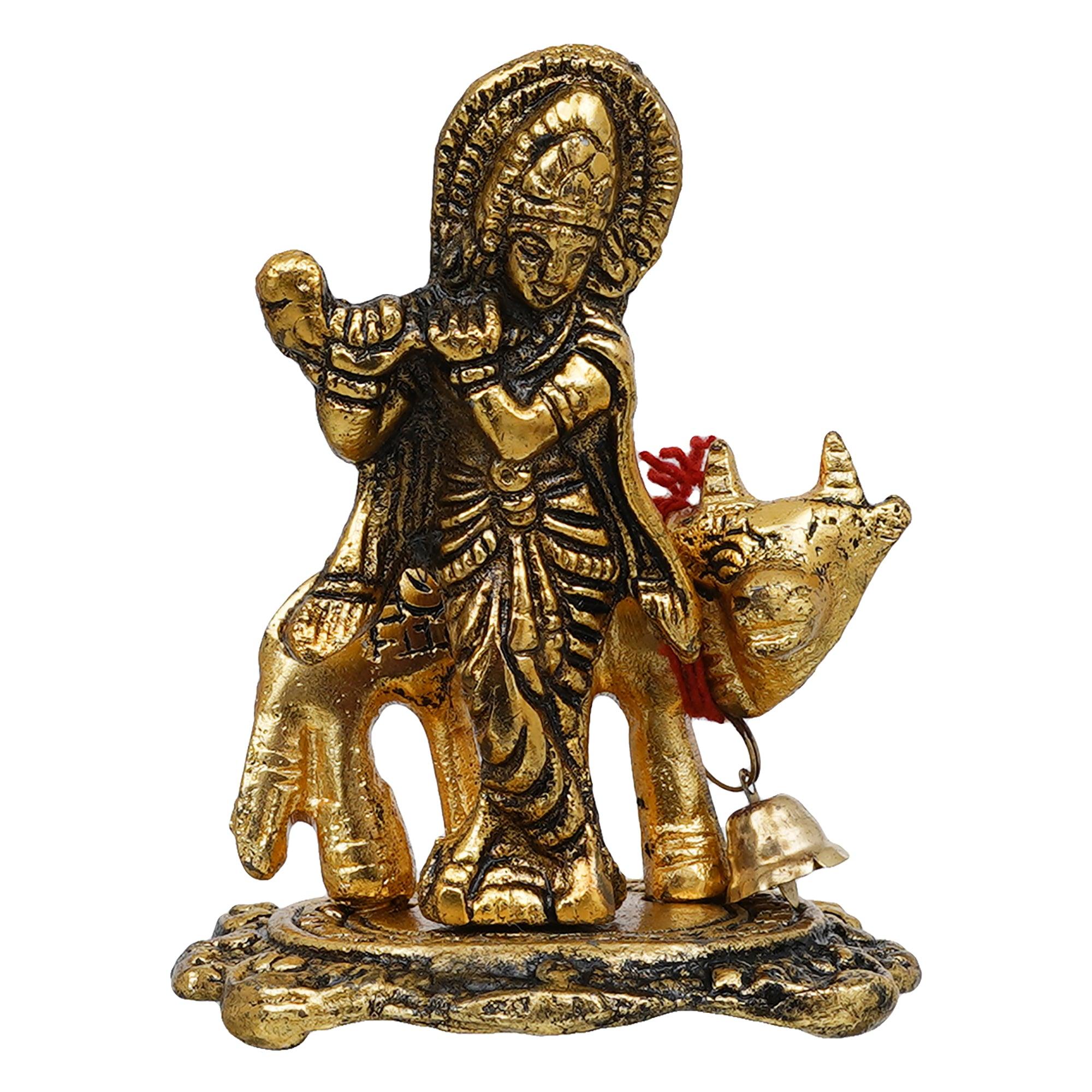 Webelkart Premium Lord Krishna Playing Flute On Kamdhenu Cow Statue Hi