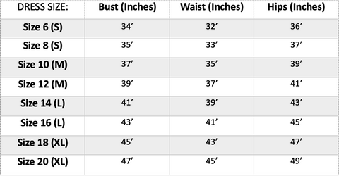 Dress size chart