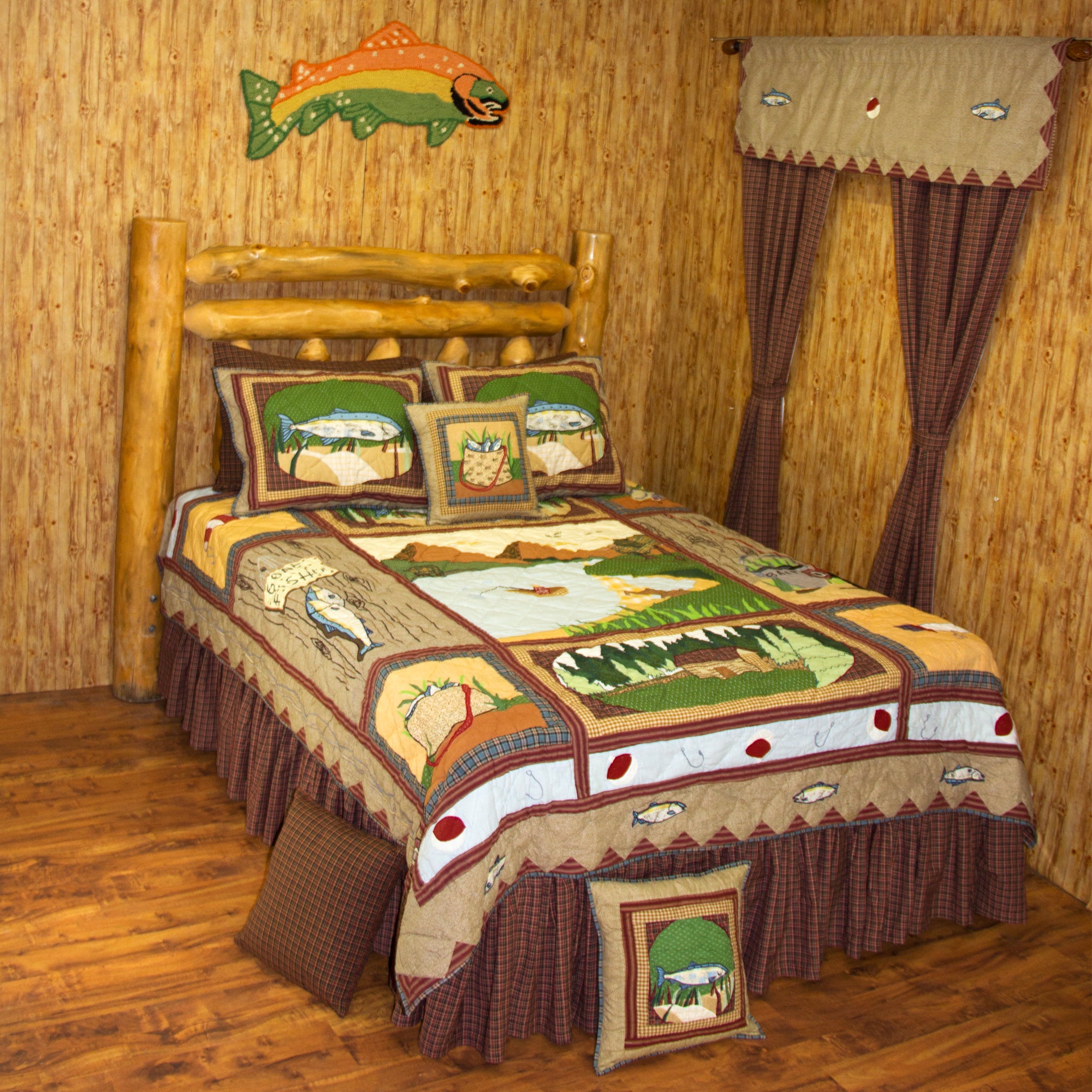 Gone Fishing Twin Quilt 65"W x 85"L | Handmade Scenic Fishing Quilt with Mountain and Pond Design