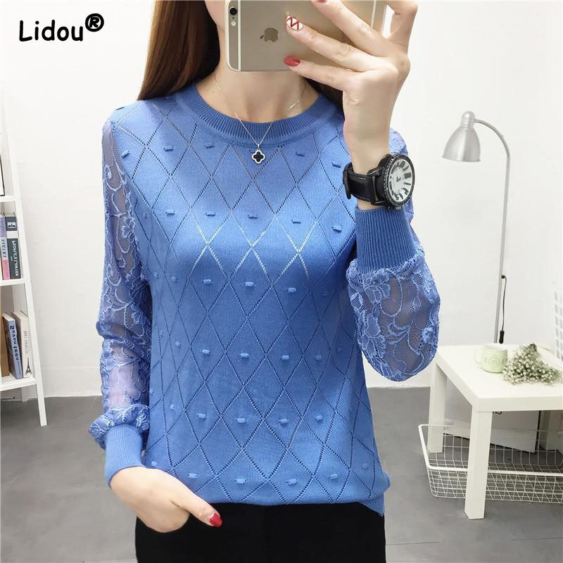 Office Lady Hollow Out Argyle Women&#39;s Clothing O-Neck Skin Friendly Thin Slim Pullovers Slight Strech Spring Summer Creative