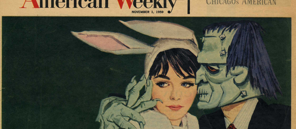 1959 American Weekly magazine cover of a woman dressed as a white rabbit and a man dressed as Frankenstein's monster.