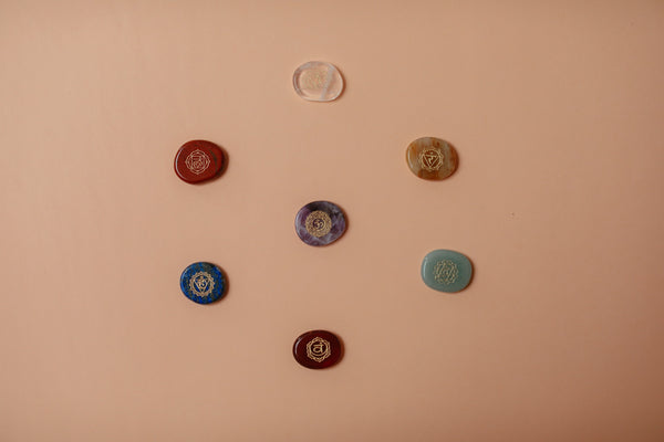 The different chakras represented on gemstone coins.