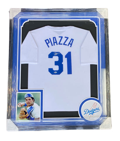 Mike Piazza Autographed & Framed White Dodgers Jersey Auto Beckett Cert