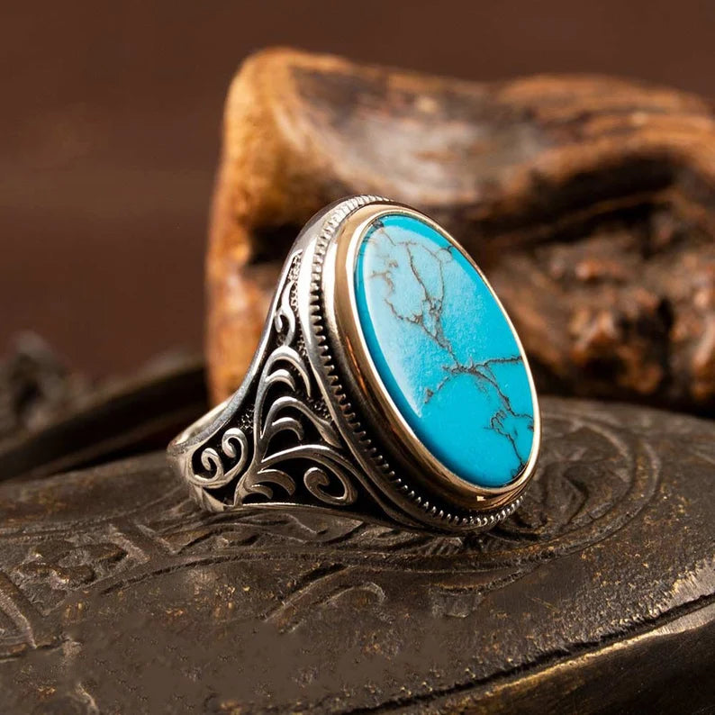 Men's Ethnic Style Carved Eagle Feather Ring Turquoise Red - Temu