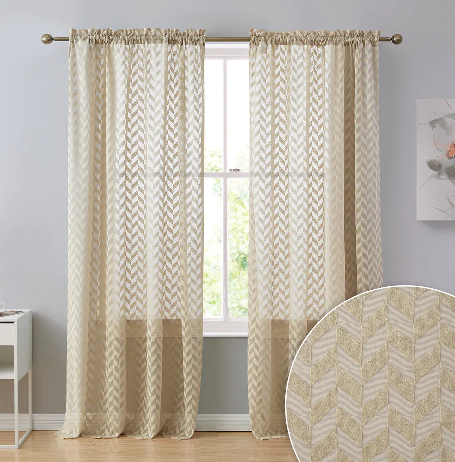 Herringbone Lace Sheer Rod Pocket Curtain Panels - Taupe