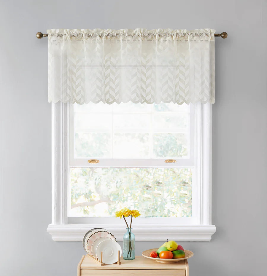 Herringbone Lace Sheer Rod Pocket Cafe Valance - Beige