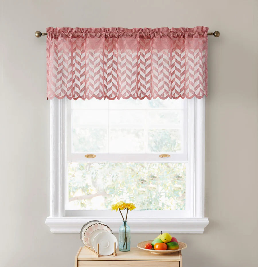 Herringbone Lace Sheer Rod Pocket Cafe Valance - Blush Pink