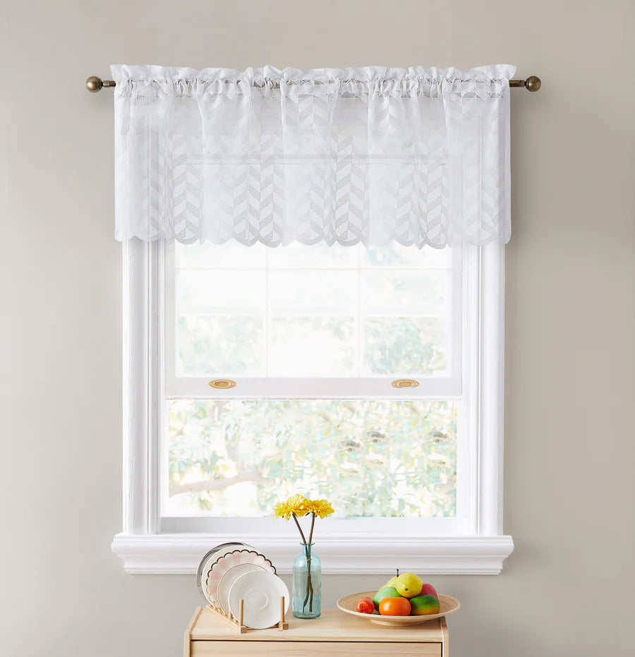 Herringbone Lace Sheer Rod Pocket Cafe Valance - White