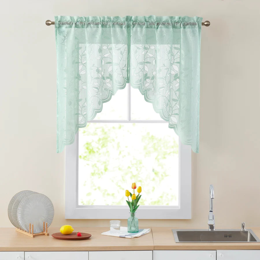 Joyce Semi Sheer Floral Kitchen Swags - Seafoam Green