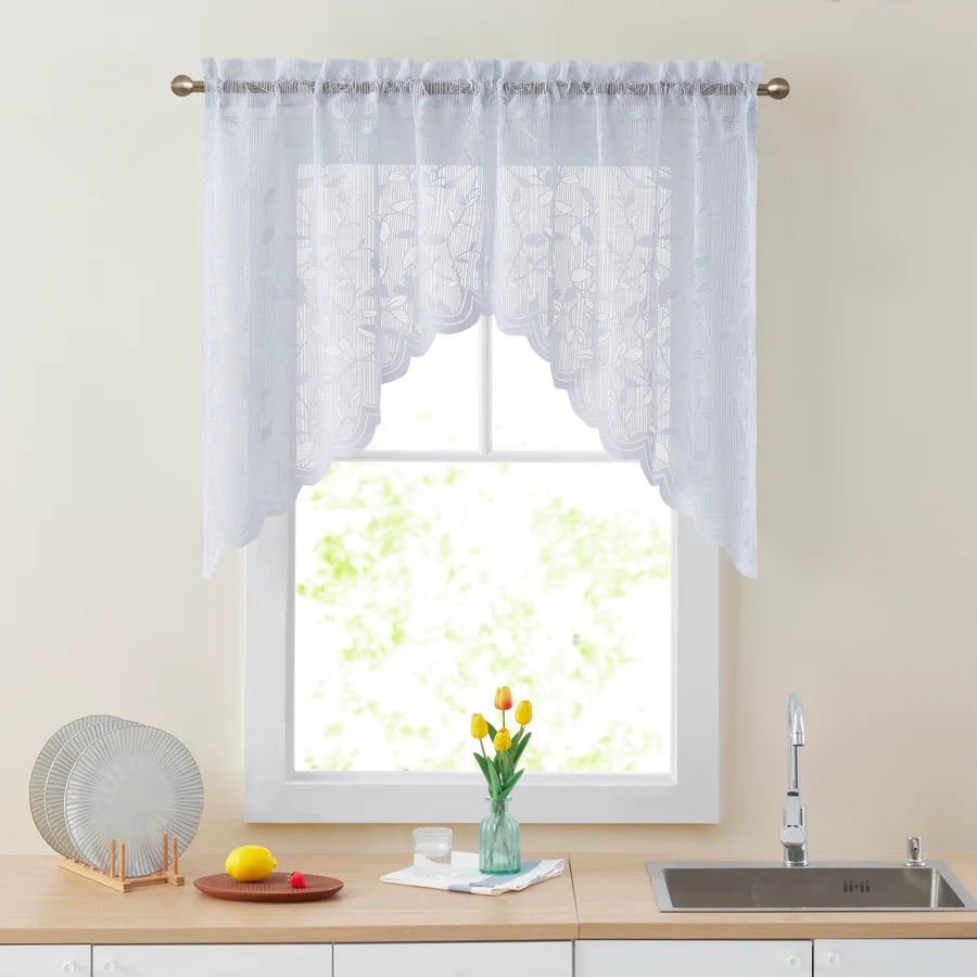 Joyce Semi Sheer Floral Kitchen Swags - White