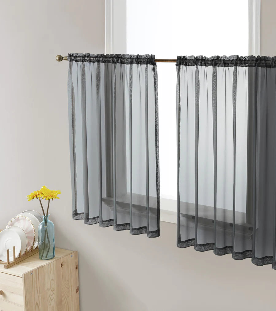 Lucento Sheer Rod Pocket Cafe Tier Panels - Charcoal Grey