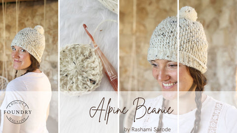 Alpine Beanie by Rashami Sarode: a cream tweed crocheted hat with a yarn pom-pom
