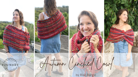 Autumn Cinched Cowl by Risë Burgie - an oversized shawl-sized circular cowl that has drawstrings running horizontally and vertically so you can cinch it in different ways depending on how you want to wear it.