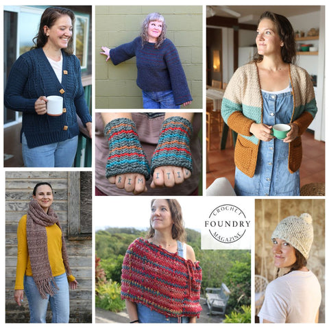 Collage of October 2023 Crochet foundry designs: a cardigan, pullover, another striped cardigan, a super scarf, a large cowl/shawl, and a pom-pom beanie hat