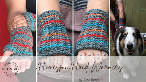 Homespun Hand Warmers by Jess Bennett - fingerless gloves made in dark grey with stripes of teal, red, and orange