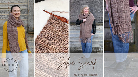 Salve Scarf by Crystal Marin - a light brown large scarf with fringe and a subtle crossed stitch texture