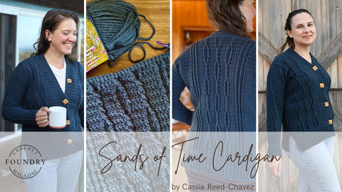 Sands of Time Cardigan by Cassie Reed-Chavez collage - a navy blue sweater with small cables up the front and back