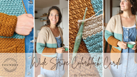 A collage of the cardigan: it has 3 blocks of color starting with tan at the shoulders, aqua for the mid-section, and copper for the bottom