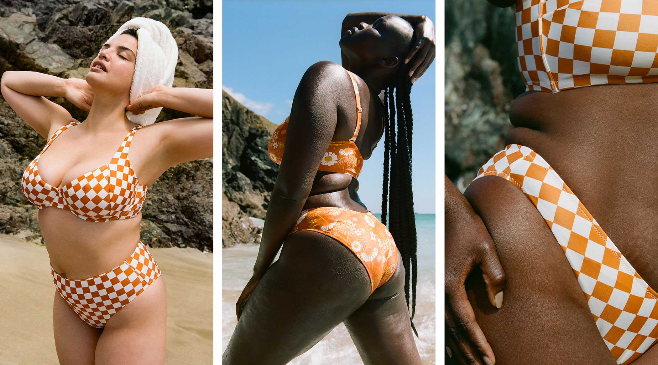 women_on_beach_wearing_printed_econyl_sustainable_bikinis