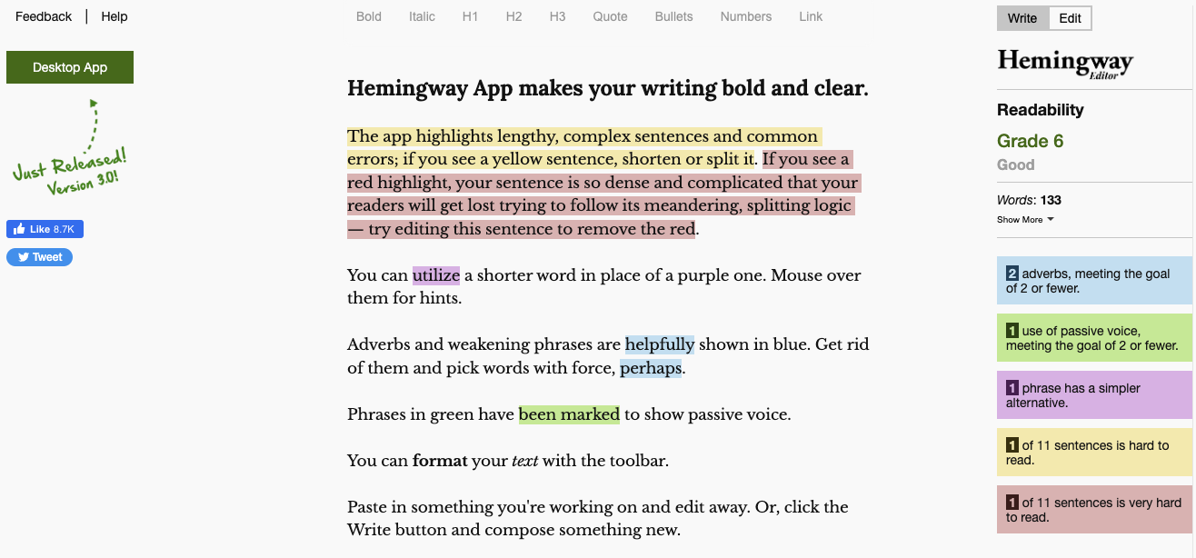 Hemingway app for readability testing