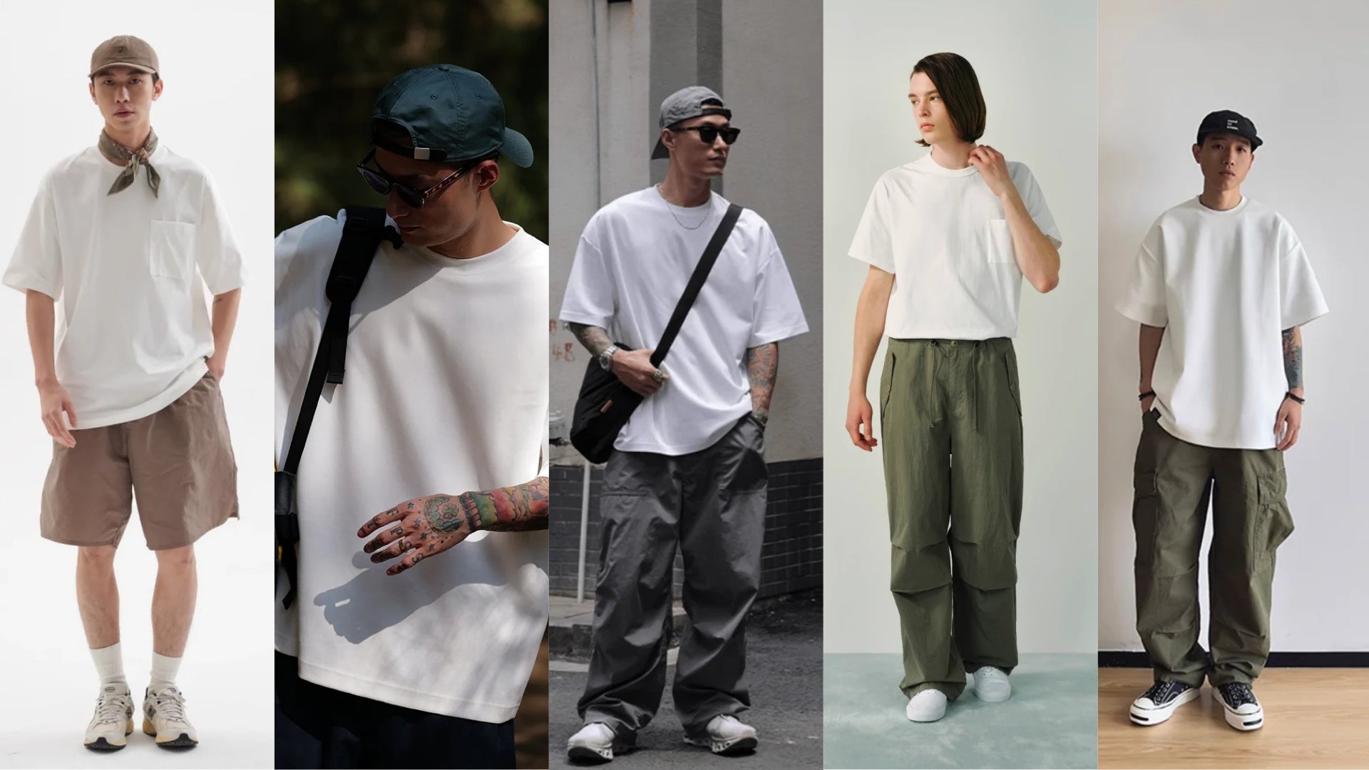 Men in their 30s in various types of white T-shirts.