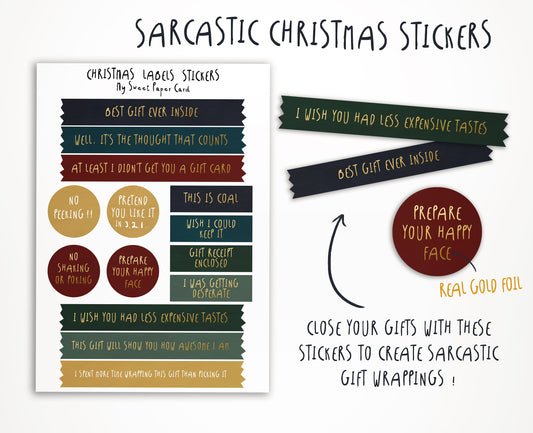 Étiquettes autocollantes de Noël amusantes - Autocollants sarcastiques pour créer des emballages cadeaux amusants