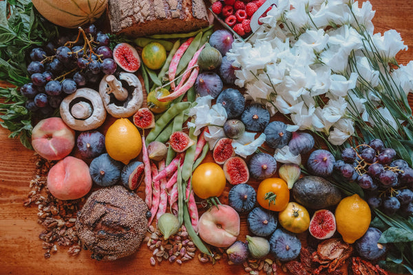 A bounty of colorful food on a table