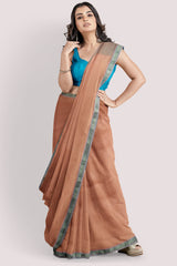 Rehwa Talc Brown Silk Cotton Maheshwari Handloom Saree