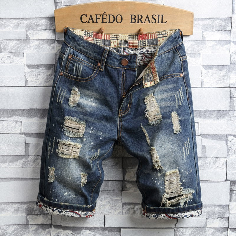 2020 Summer New Men Vintage Ripped Short Jeans Streetwear Hole Slim Denim Shorts Male Brand Clothes