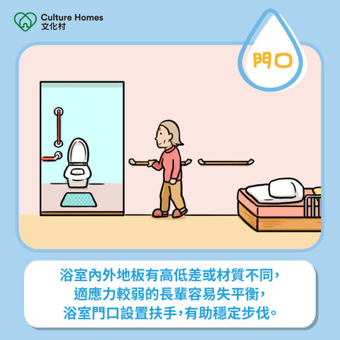 浴室內外地板有高低差或材質不同， 適應力較弱的長輩容易失平衡， 浴室門口設置扶手，有助穩定步伐。​