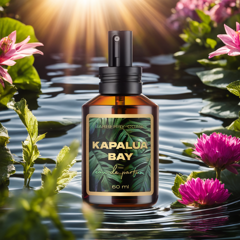 A bottle of Kapalua Eau de Parfum cologne by Barberry Coast on water surrounded by ripples and flowers with a morning sunrise in the background.