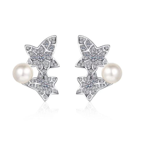 Ariel Round Leaf Pearl & Diamond Stud Earrings 14K White Gold / 0.68 ct Total Weight / Standard: Clarity I1-I3 | Color H-I -  BeverlyDiamonds, V1610