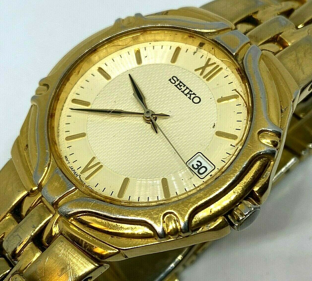 Seiko 7N42-6C10 Mens Gold Tone Steel Analog Quartz Watch Hours~Date~Ne ...