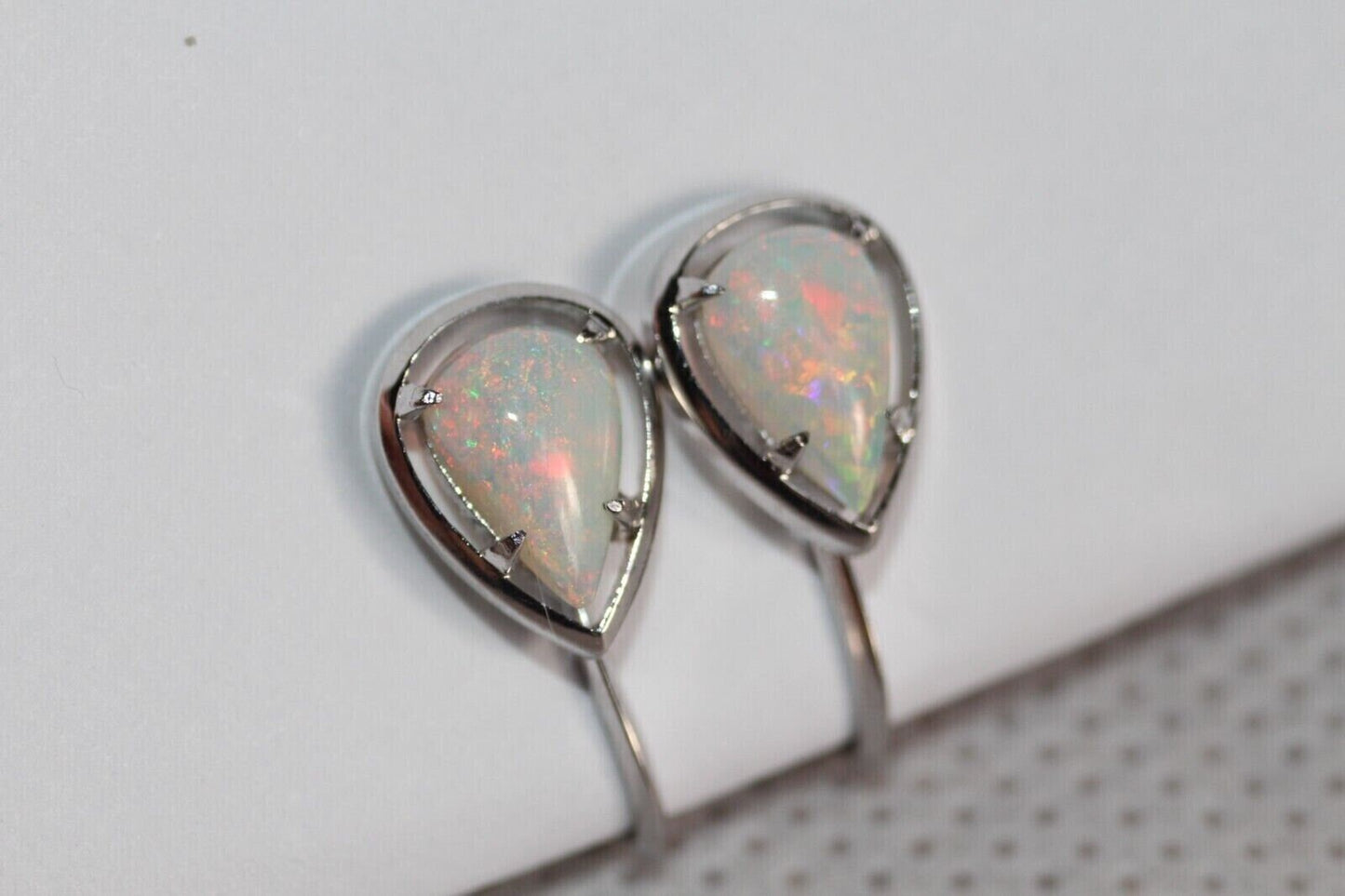Opal Earrings 14K White Gold Pear Cut Natural Australian White Crystal Fire Stud