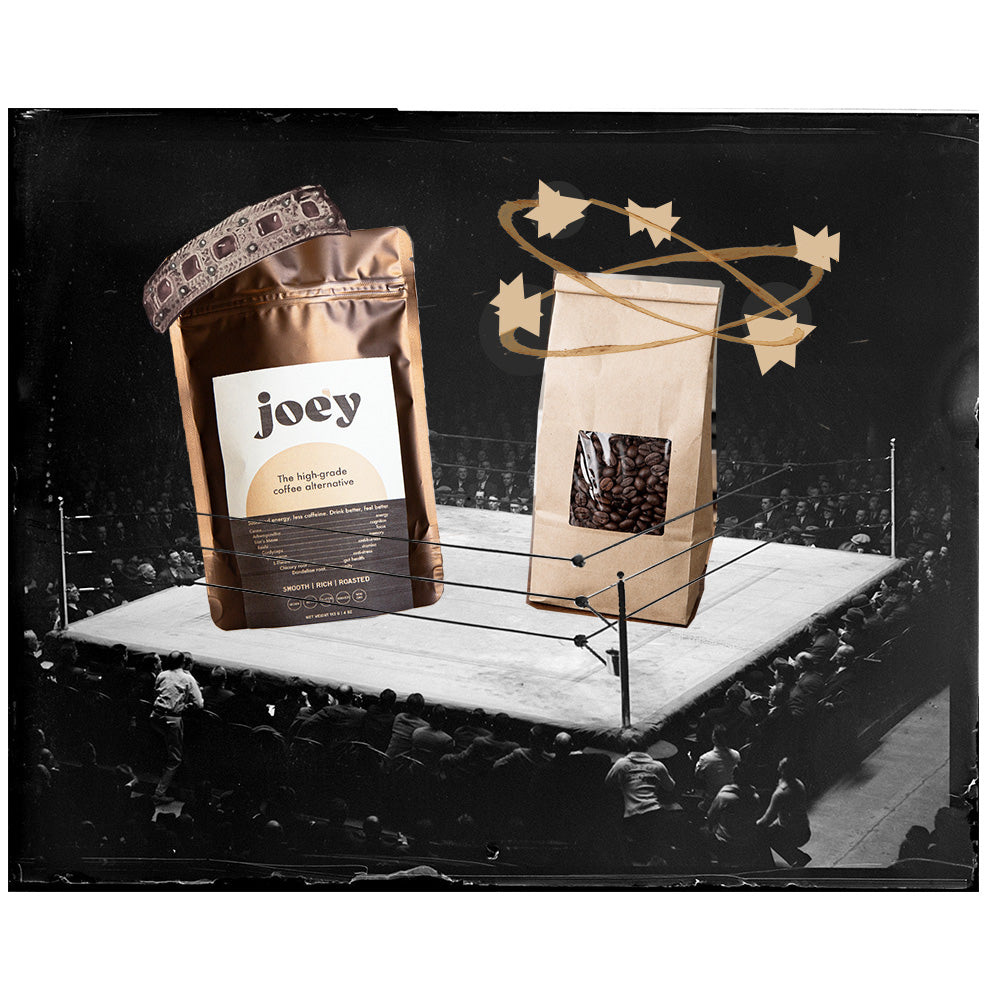 a bag of joe'y coffee alternative and a bag of coffee in a boxing ring