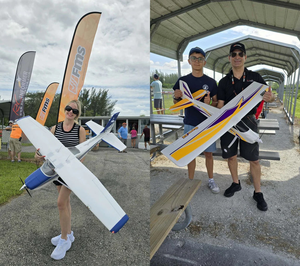 Two images side by side. Left: Woman holding a white RC plane with blue accents. Right: Two men, one younger and one older, holding a purple and yellow RC plane model.