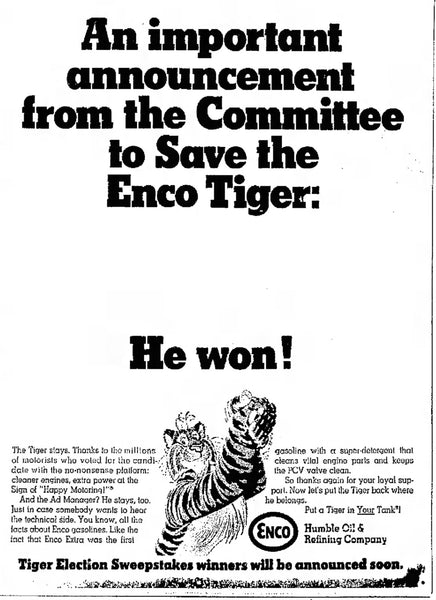 Enco/Humble Gasoline Put a Tiger in Your Tank Newspaper Ad
