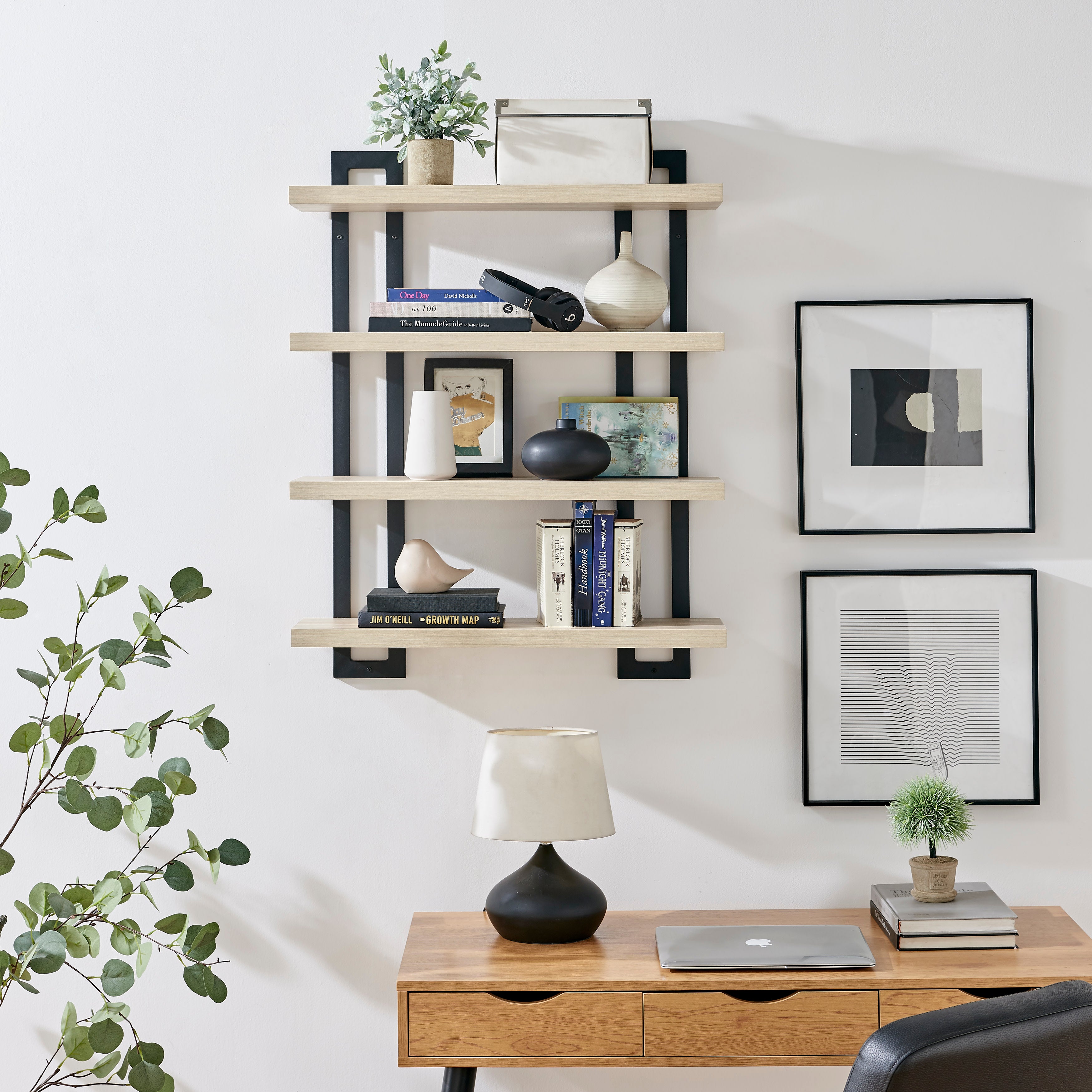 Danya B. Rhodes 4 Tier Modern Floating Windowsill Wall Shelf Unit with Black Metal Frame and Light Walnut MDF Shelves, Brown