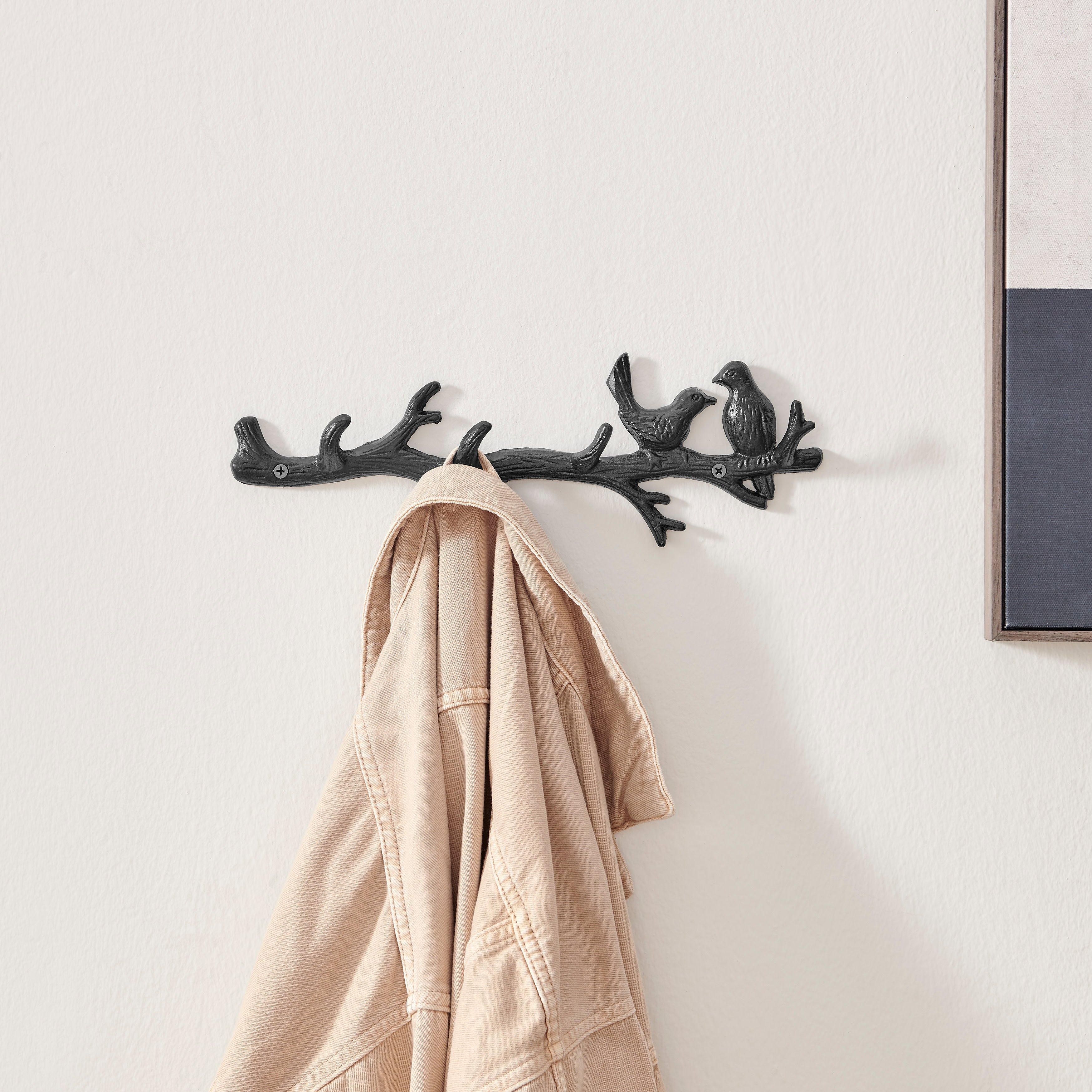 Dark Brown Cast Iron Birds on Tree Branch Decorative Wall Sculpture Utility Hook Unit with 4 Hooks