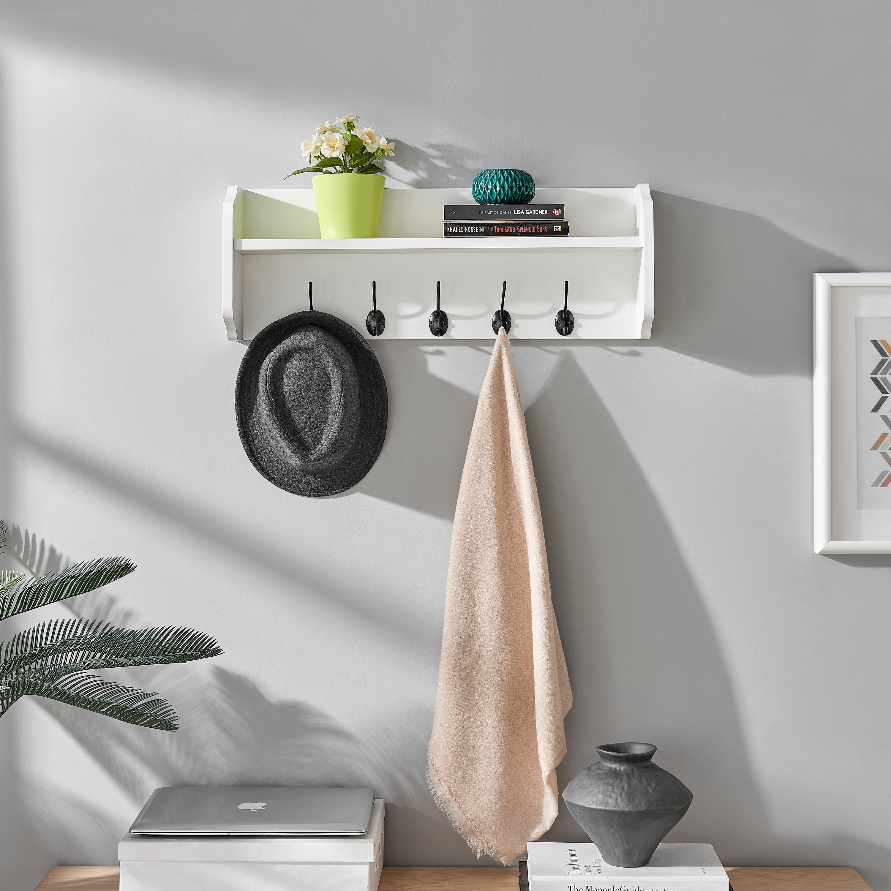 Danya B Two-Tier Ledge Shelf Wall Organizer with Five Hanging Hooks - White, Size: 16 inch x 29 inch