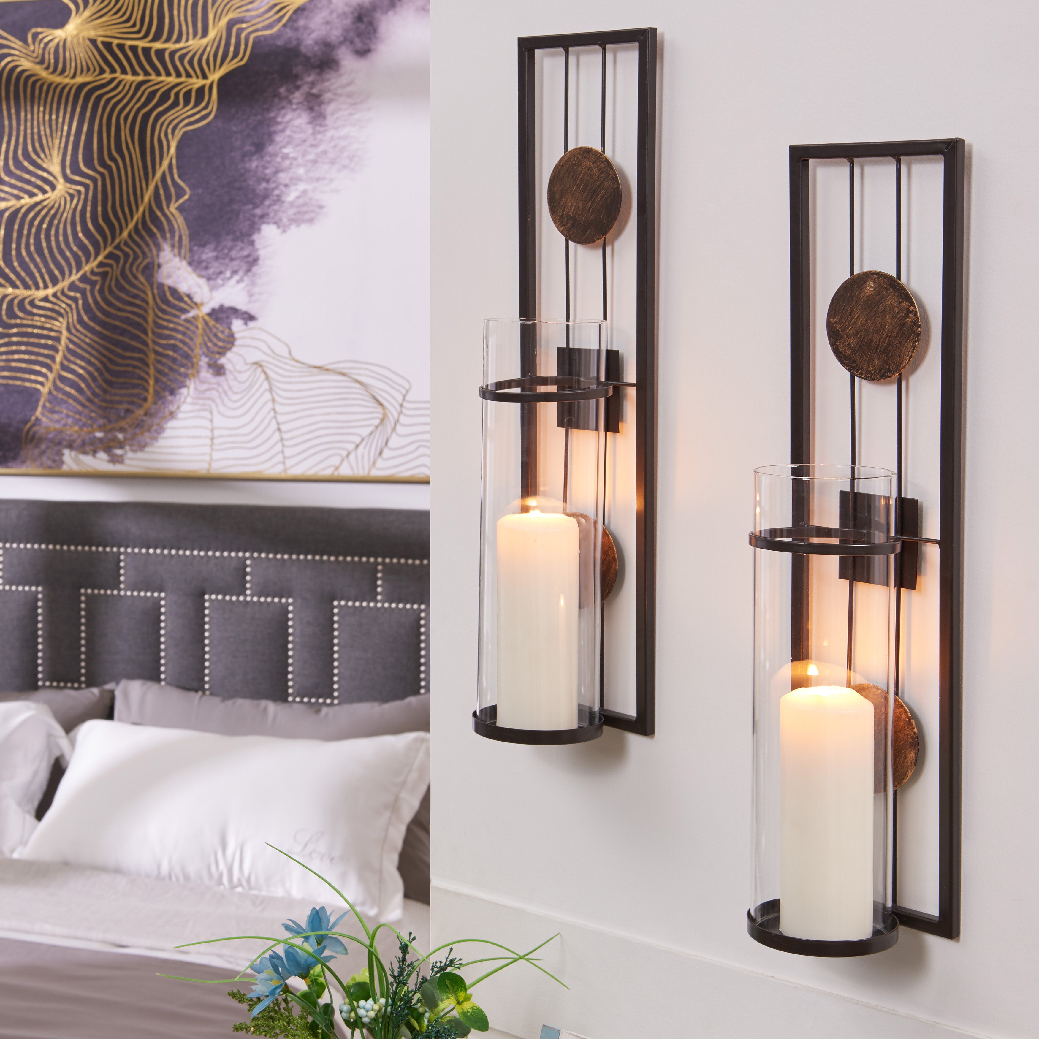 Metal Pillar Candle Sconces with Glass Inserts A Wrought Iron Rectangl –  Danya B.