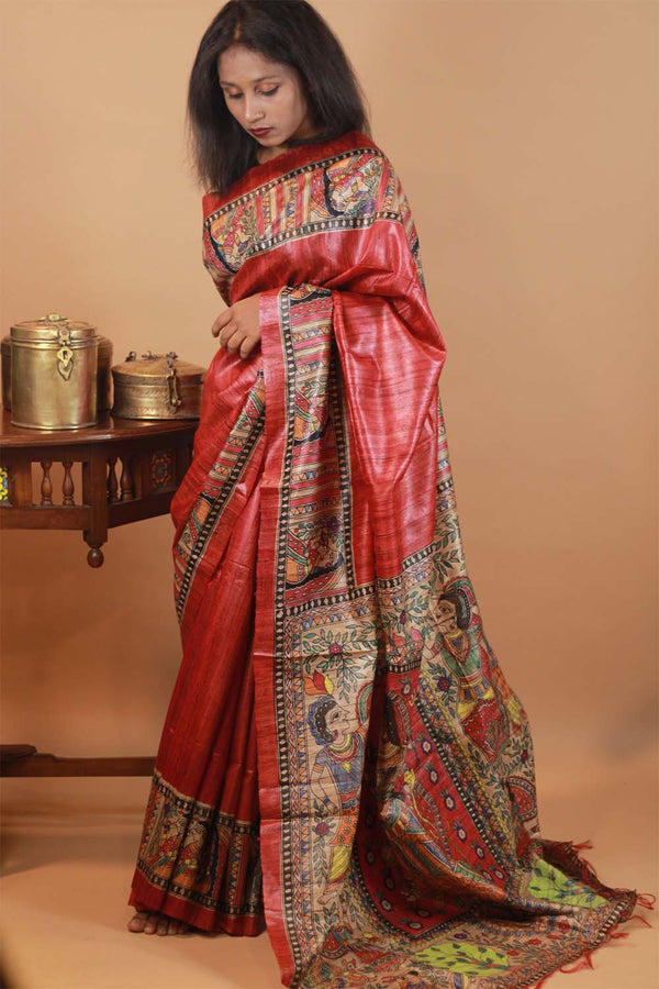 Elegant Grey Hand Painted Madhubani Ghicha Silk Saree – WeaversIndia