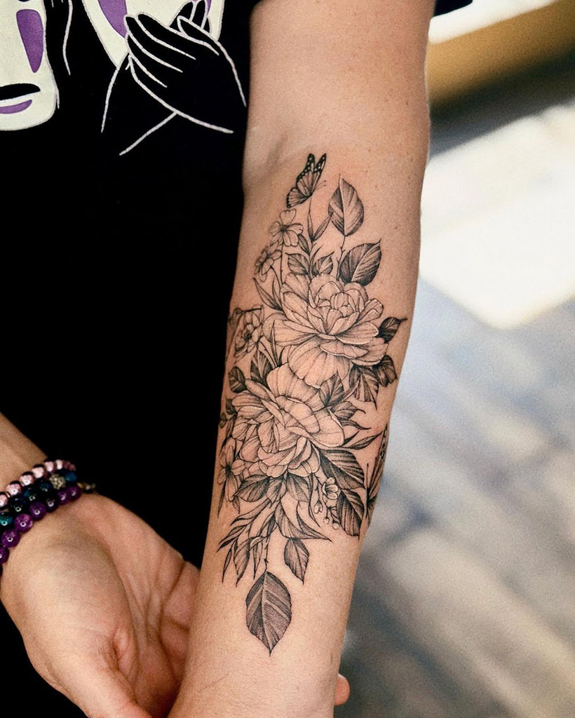 Tattoo tagged with: feminine, arm band, bird, flower | inked-app.com