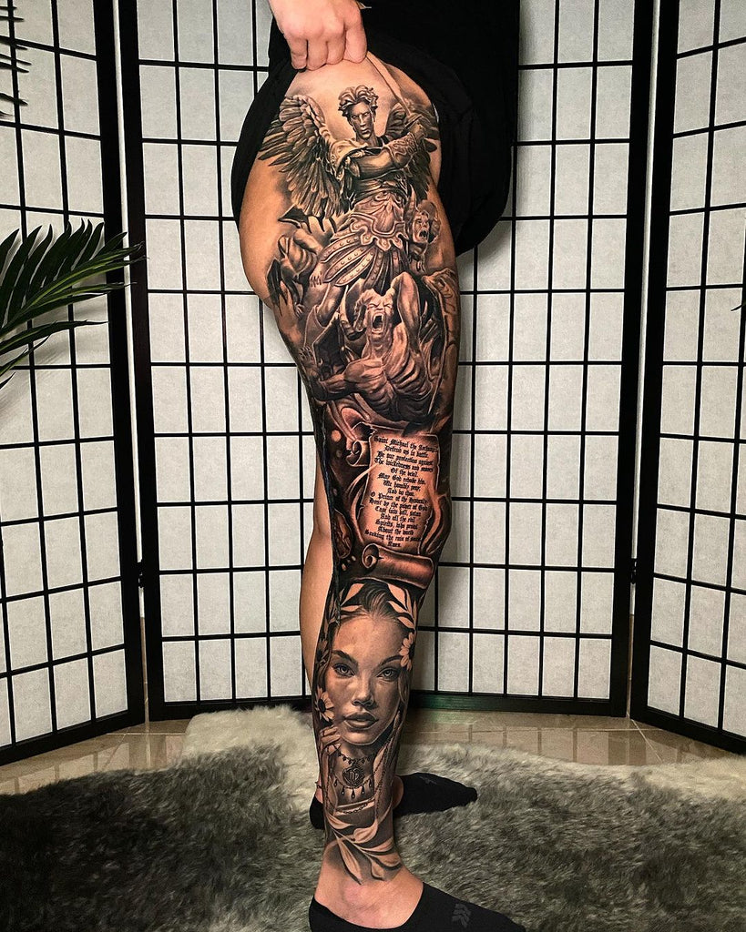 7TrainTattoo | Whole leg tattoo-done by Ricky Chen @young__tattoo  @xianglantattoo @zoetattoo123 YouTube: 7tt channel Ricky Chen  #Wholelegtattoo #tattoo... | Instagram