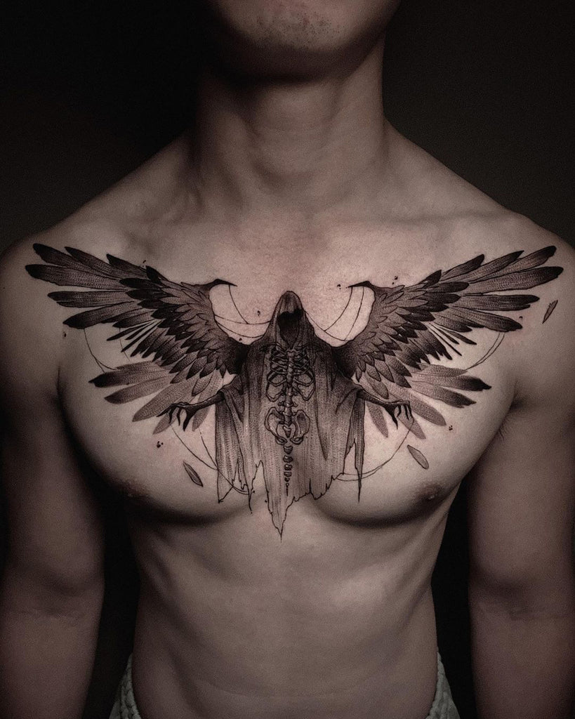 Wow, this chest tattoo we made in one session 😱 1st step was wings, both  sides. 2. central part. Client ask to put anaesthetic after 5… | Instagram