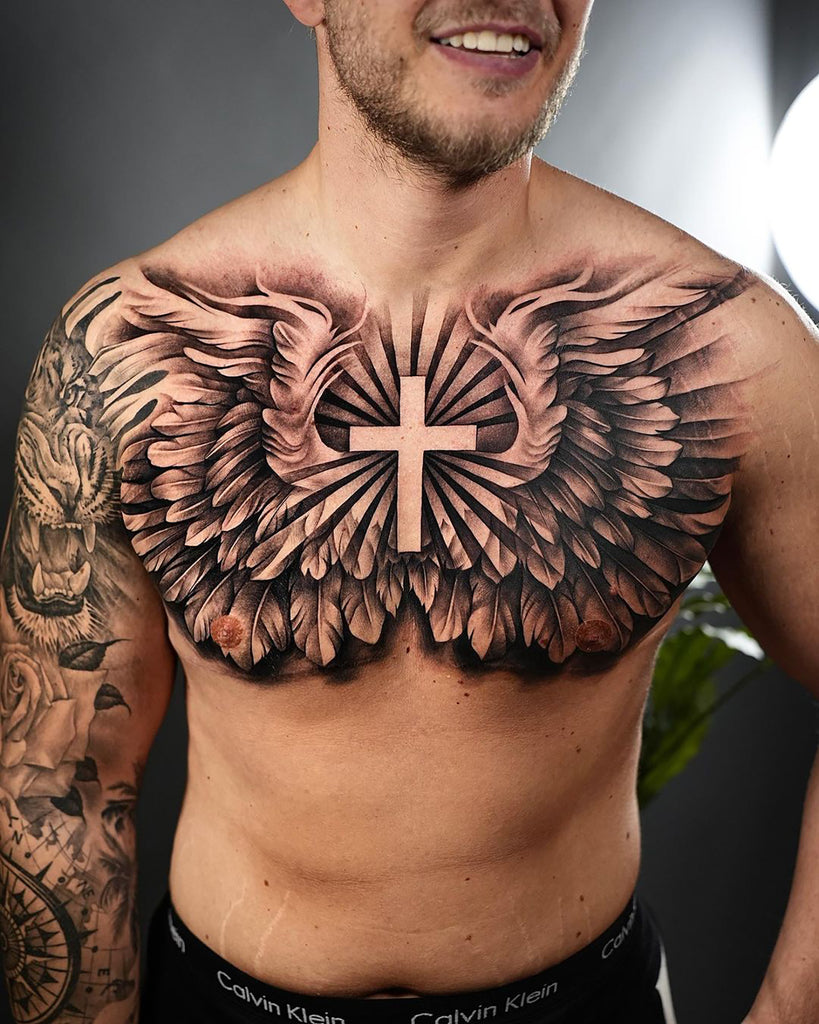 Cross and Wings Chest piece | Sam Guin Tattoo